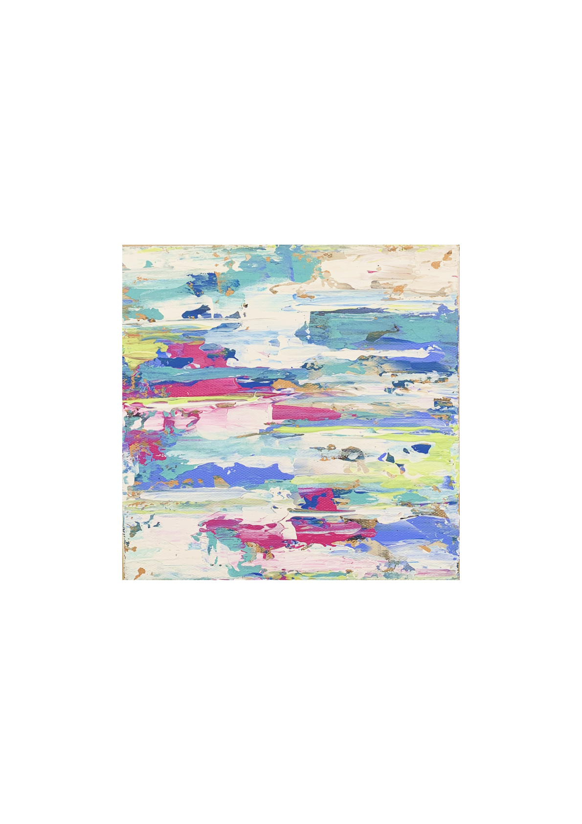 Small abstract art painting with bright colors such as blue, magenta, lime green, and teal